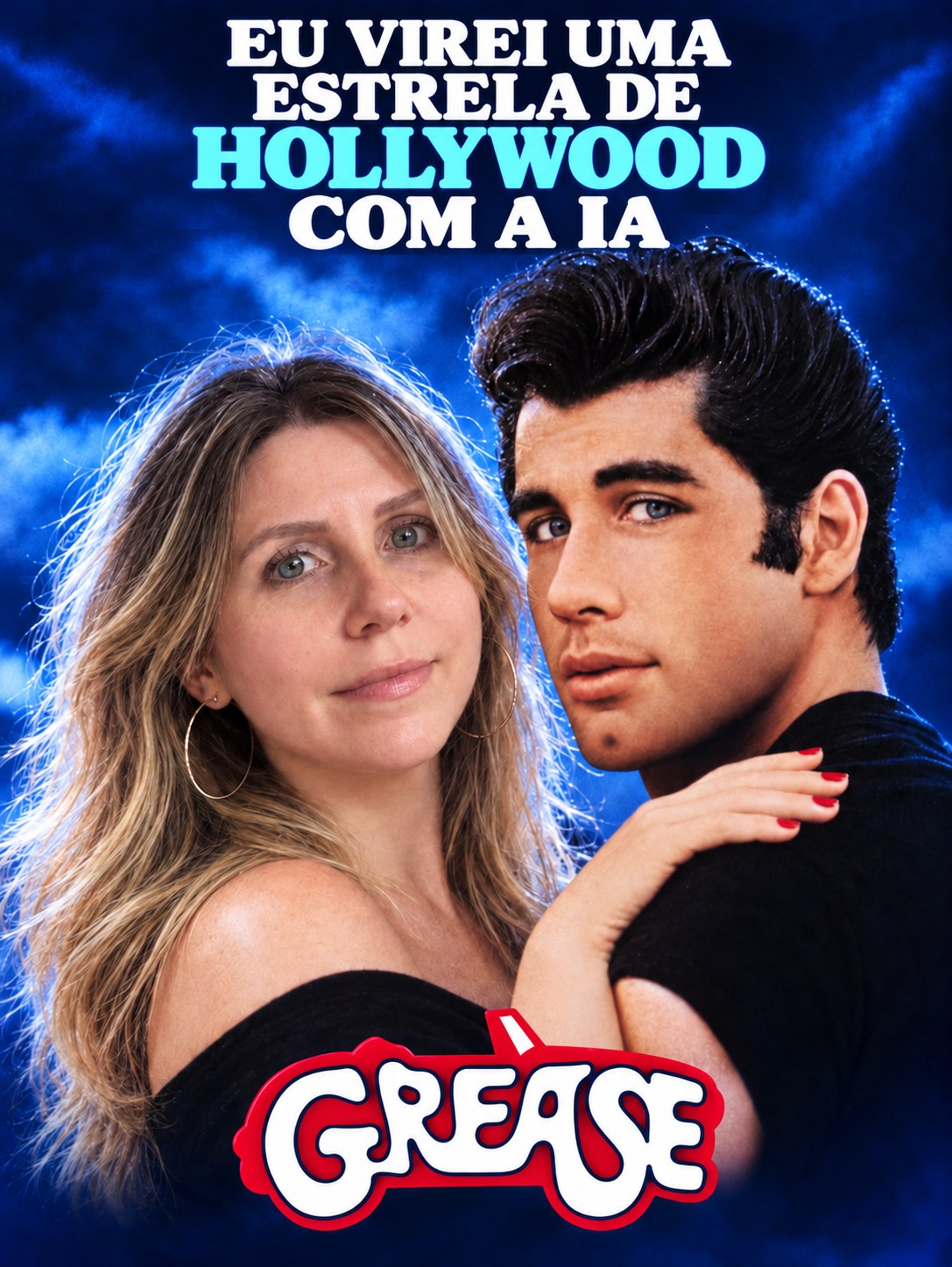 Cover in the style of the Grease poster, with a blue background, Marcela Batista next to the character Danny and the Portuguese text I became a Hollywood star with AI