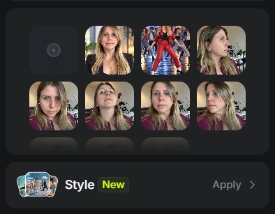 Crop of the Genjutsu interface with several reference photos of Marcela Batista, a frame from another music clip and the Style option with an Apply button