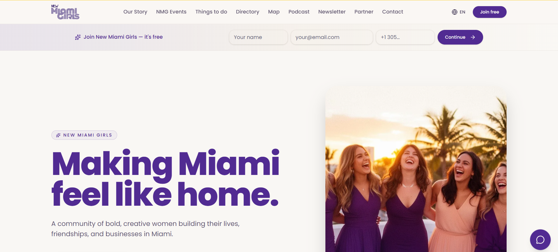 Homepage of the New Miami Girls platform developed by Morieli.