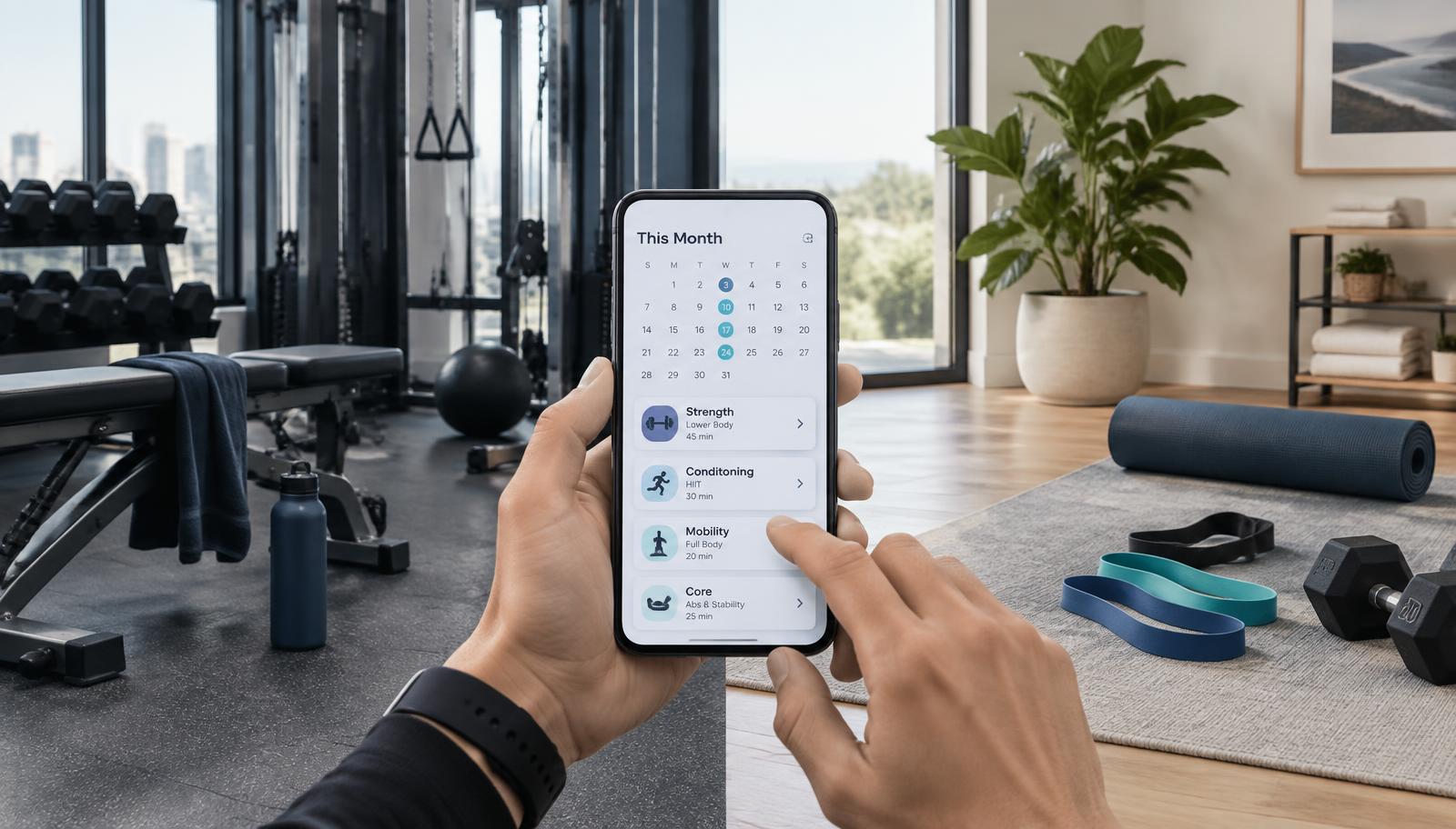 Phone showing a monthly exercise plan between gym equipment and a home workout area.