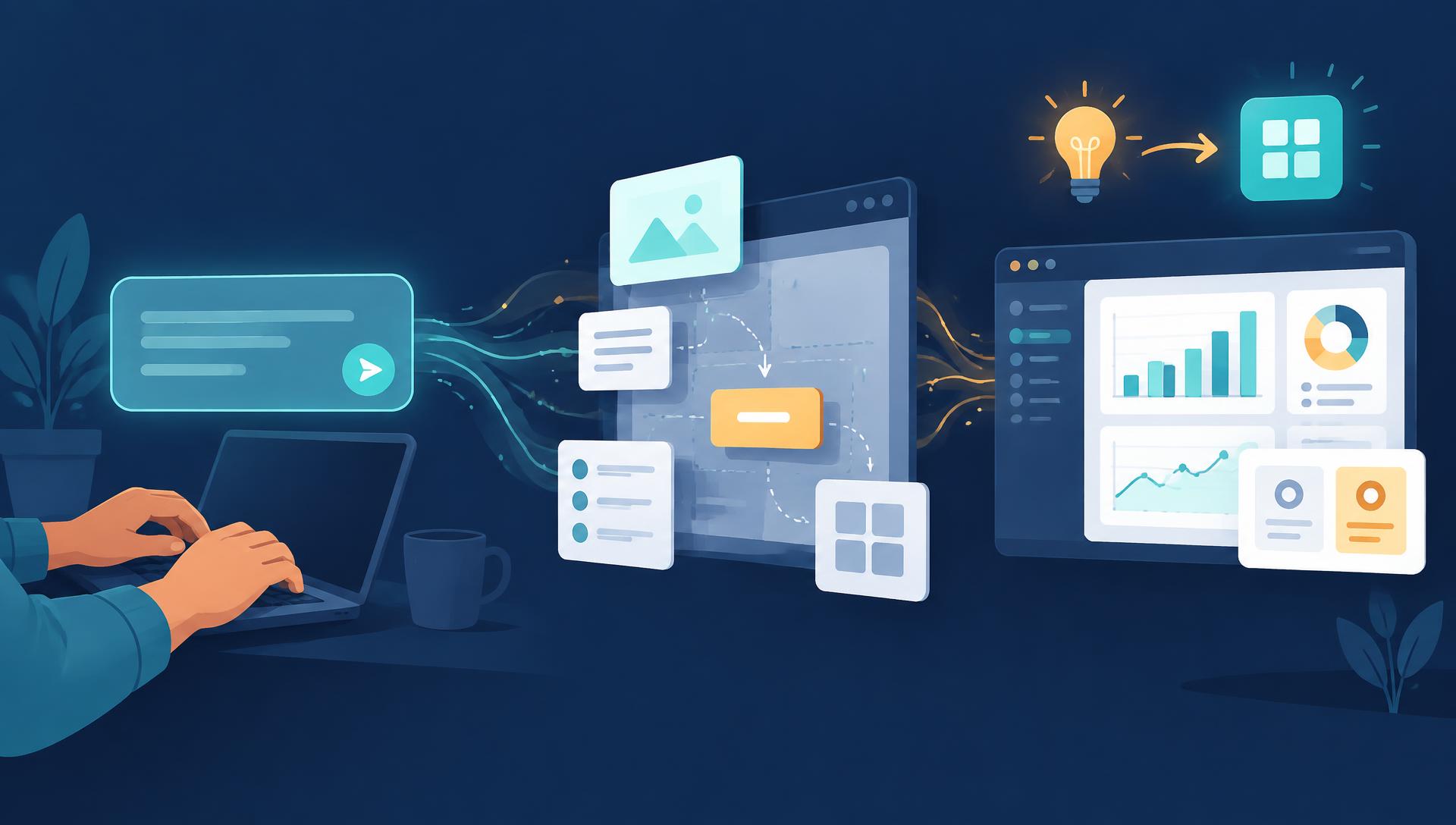 Editorial illustration of a person writing plain-language instructions that turn into an app interface and a dashboard with charts.